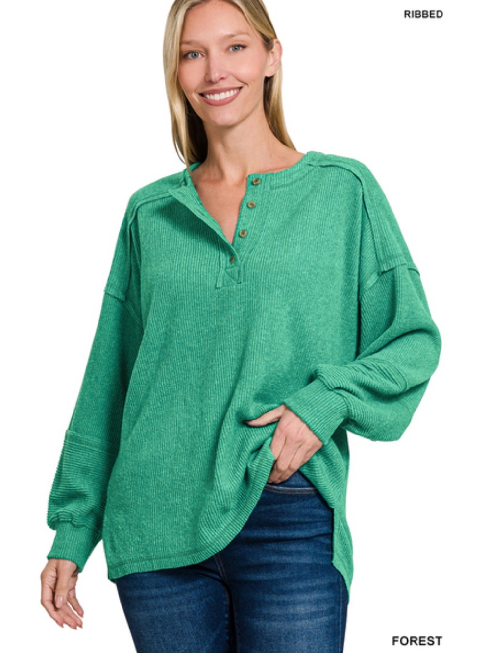 105 ❤️ forest Zenana RIBBED BRUSHED HACCI
MELANGE HENLEY SWEATER